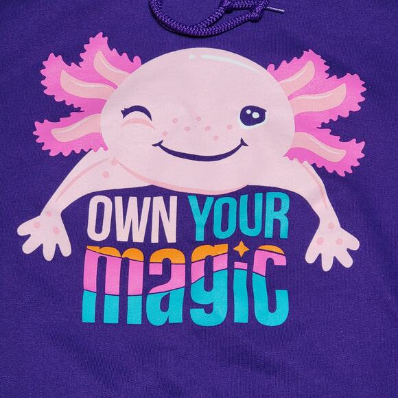 Gildan Purple Pullover Hoodie Axolotl "Own Your Magic" - Size Large - Picture 2 of 5